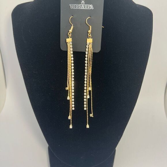 ToDoModa Earrings Fishhook Rhinestone Gold Toned Strands Teardrop Length 11” - Picture 7 of 7